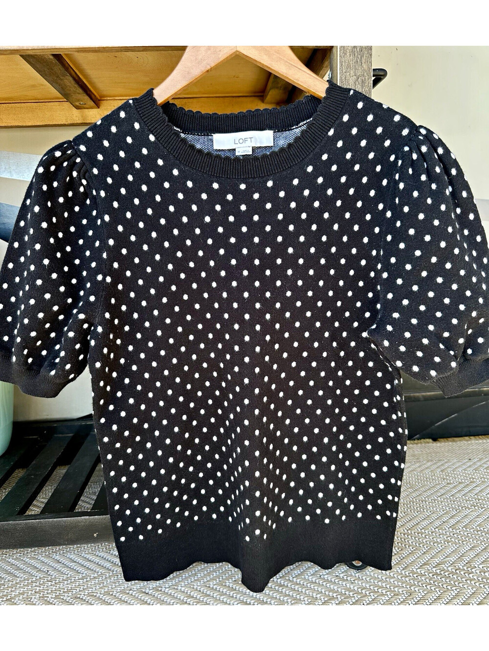 LOFT Women’s M Knit Crew Neck Pullover Sweater Black White Polka Dot Puff